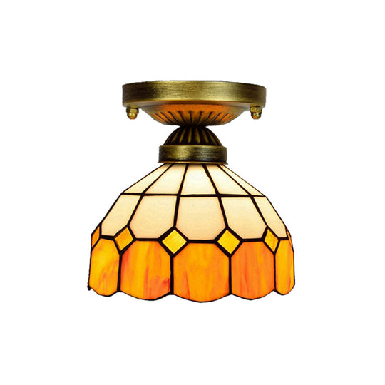 Orange Art Glass Ceiling Lamp - Tiffany Style Grid Bowl Mount For Bathroom 8’/6’ Width