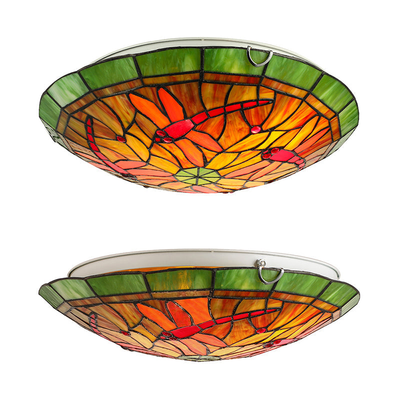 Dragonfly & Floral Stained Glass Lighting Fixture With 3 Bulbs For Living Room Ceiling In Yellow