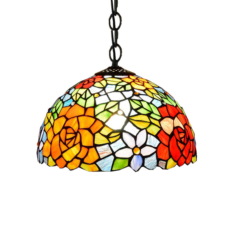 Victorian Dome Pendant Light - 12’/16’ Wide 1 Bulb Black Stained Glass Fixture