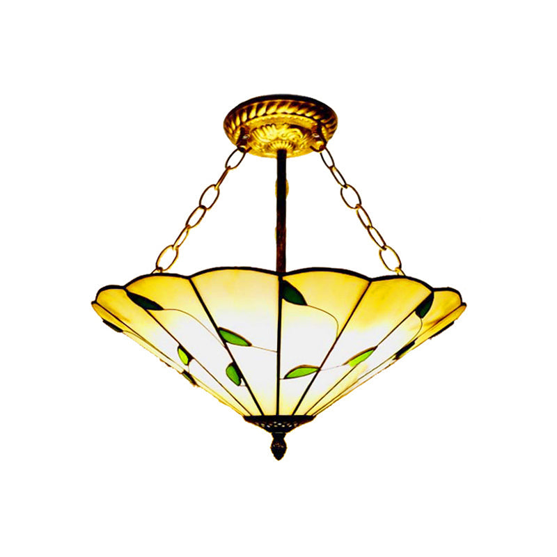 Stained Glass Inverted Ceiling Light - Lodge Style Multi Semi Flush Mount In Beige (19.5’/16’ Width)