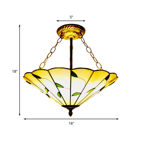 Lodge Style Stained Glass Semi Flush Ceiling Light In Beige - 19.5/16 Wide