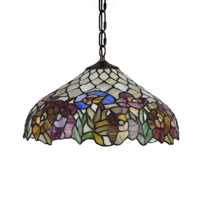 1-Bulb Tiffany-Style Wide Flare Pendant Light - Black Stained Art Glass Hanging Ceiling Lighting