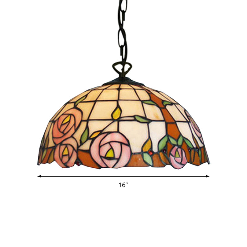 Beige Hand Cut Glass Tiffany Suspension Light - Floral Design