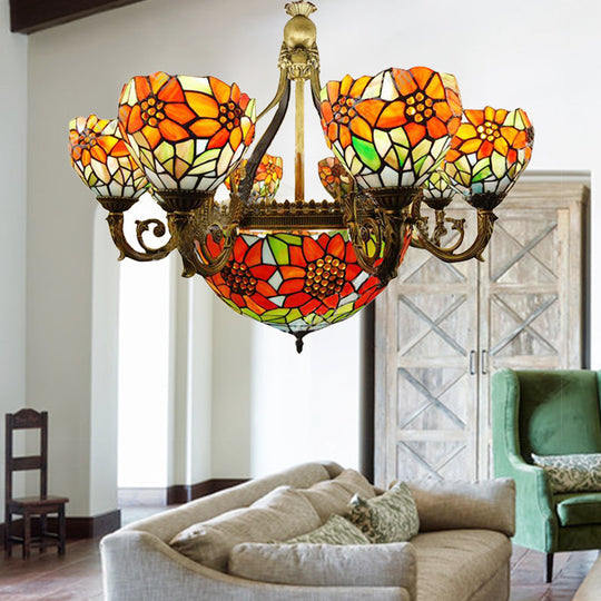Rustic Tiffany Stained Glass Sunflower Chandelier - Multi-Head Hanging Light In Orange For Dining
