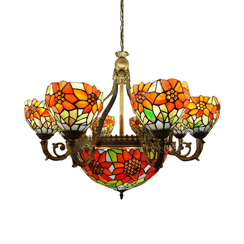 Rustic Tiffany Stained Glass Sunflower Chandelier - Multi-Head Hanging Light In Orange For Dining