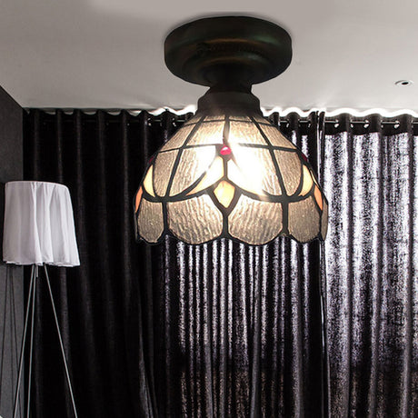 Small Tiffany Glass Ceiling Mount Light With Clear Grid Bowl - Ideal For Corridors (1 Bulb)