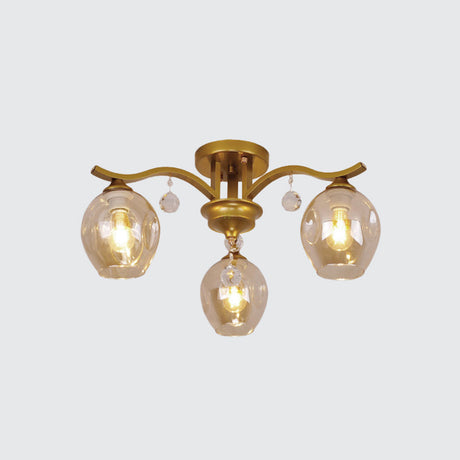 Modern Smoke Glass Bud Semi Ceiling Mount Light For Restaurants & Hotels - 3-Light Crystal Lamp