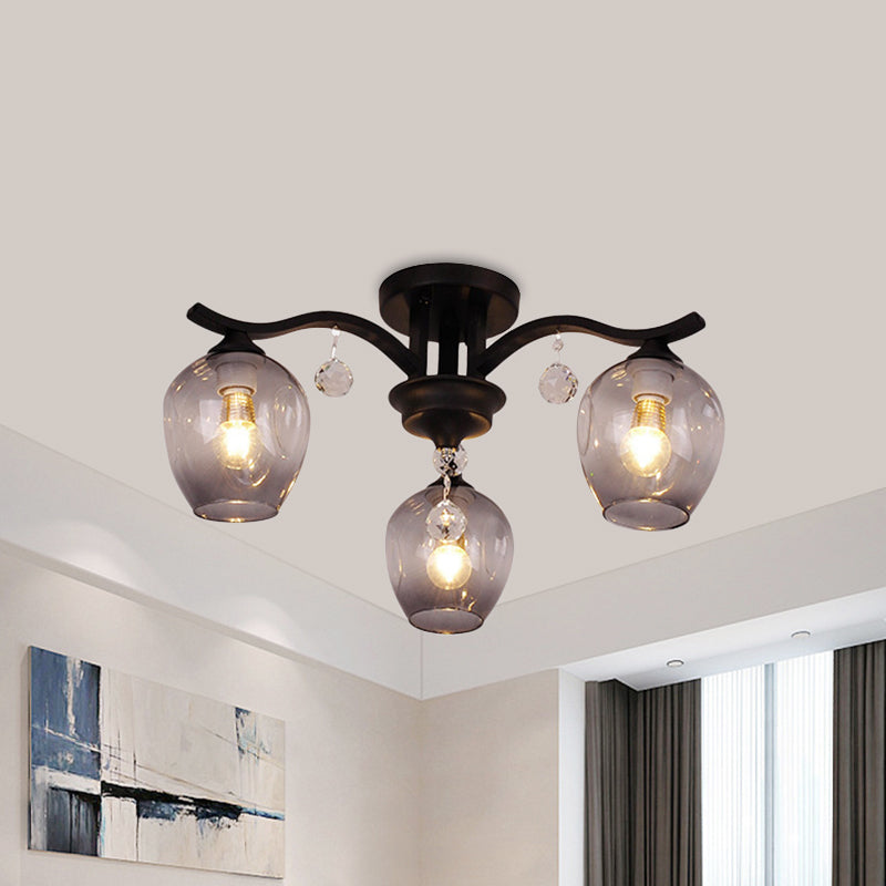 Modern Smoke Glass Bud Semi Ceiling Mount Light For Restaurants & Hotels - 3 - Light Crystal Lamp