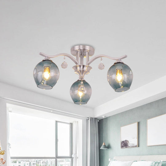 Modern Smoke Glass Bud Semi Ceiling Mount Light For Restaurants & Hotels - 3 - Light Crystal Lamp