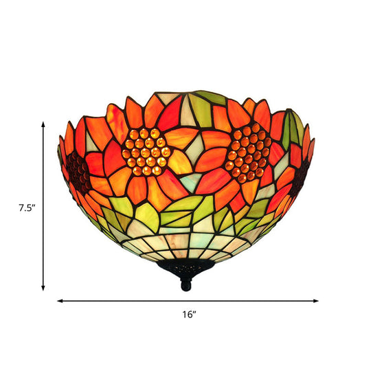 Rustic Sunflower Stained Glass Flush Mount Light In Orange For Dining Room