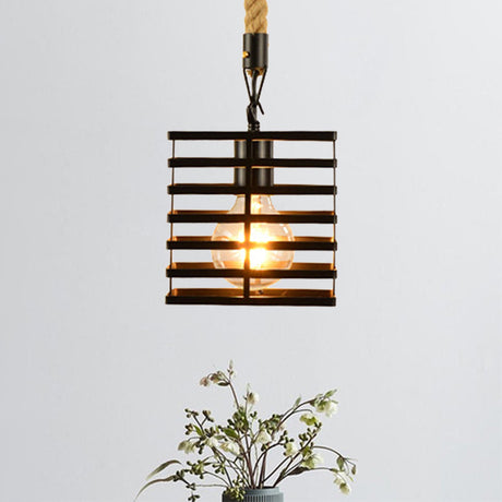 Vintage Style Metal And Rope Pendant Light With Black Wire Cage - 1 Hanging Lamp Cylinder/Square