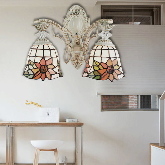 Traditional White Tiffany Wall Sconce - Bell Living Room Lamp With Sunflower Stained Glass 2 Bulbs