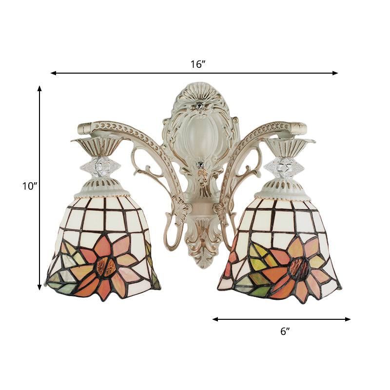 Traditional White Tiffany Wall Sconce - Bell Living Room Lamp With Sunflower Stained Glass 2 Bulbs