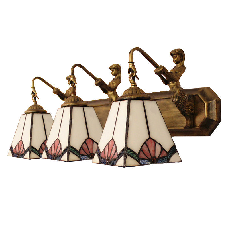 Tiffany White Glass Trapezoid Wall Mount Light With Mermaid Decoration - 3 Lights Brass Vanity