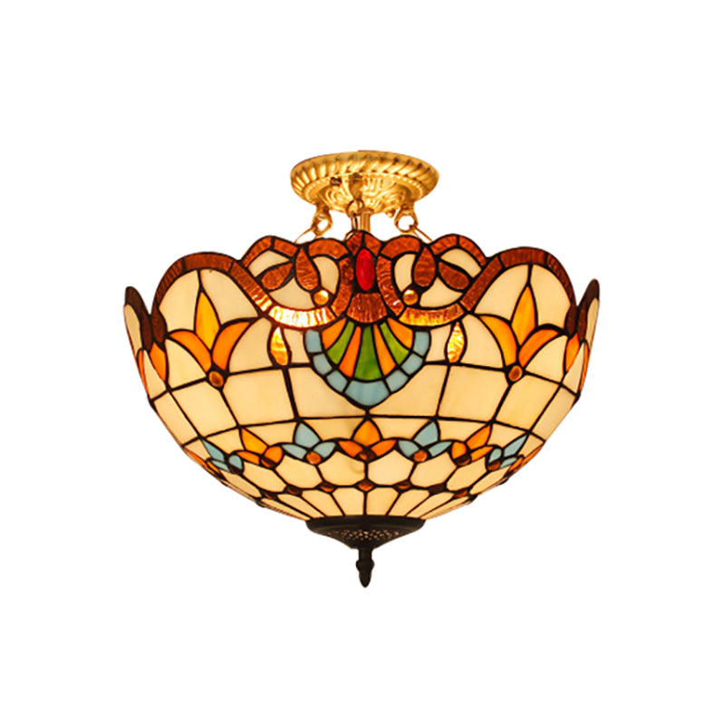 Victorian Style Stained Glass Bowl 3-Light Semi Flushmount In Blue/Brown For Foyer