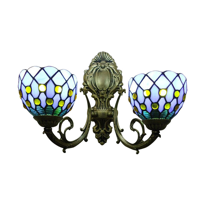Classic Tiffany Stained Glass Domed Wall Sconce With 2 Lights - Blue Lattice Design For Bar