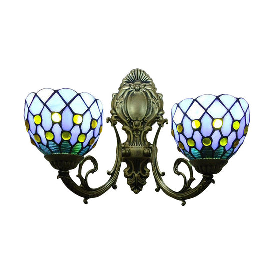 Classic Tiffany Stained Glass Domed Wall Sconce With 2 Lights - Blue Lattice Design For Bar