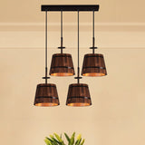 Rustic Wood Pendant Light With 4 Hanging Lamps - Coolie Shade For Restaurants In Brown Black /