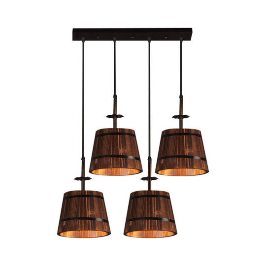 Rustic Wood Pendant Light With 4 Hanging Lamps - Coolie Shade For Restaurants In Brown