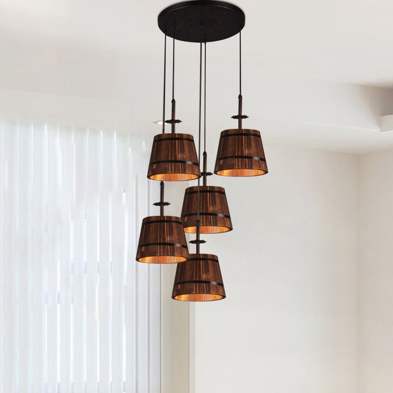Country Style 4-Light Wooden Bucket Pendant Light - Brown Black / Round