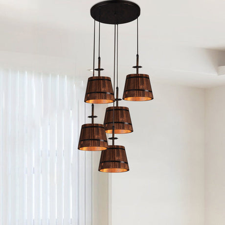 Country Style 4-Light Wooden Bucket Pendant Light - Brown Black / Round