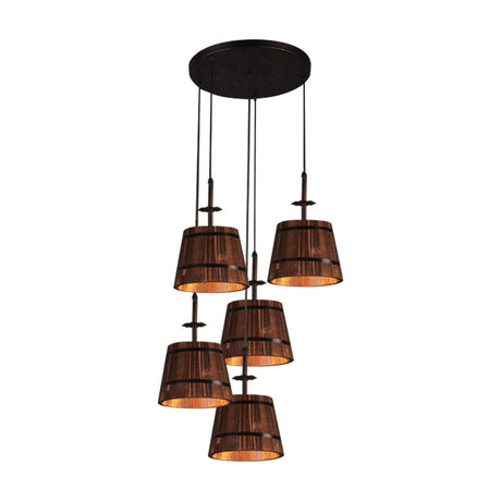 Country Style 4-Light Wooden Bucket Pendant Light - Brown