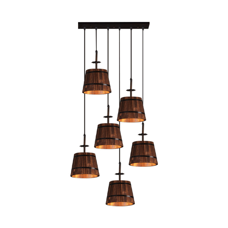 Industrial 6-Light Wooden Tapered Shade Pendant Light In Brown For Coffee Shop