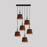 Industrial 6-Light Wooden Pendant For Coffee Shops - Tapered Brown Shades