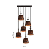 Industrial 6-Light Wooden Pendant For Coffee Shops - Tapered Brown Shades