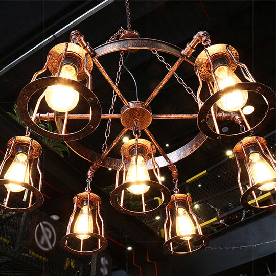 7-Light Dark Rust Pendant Chandelier With Wrought Iron Bell Cage And Wheel Design - Farmhouse