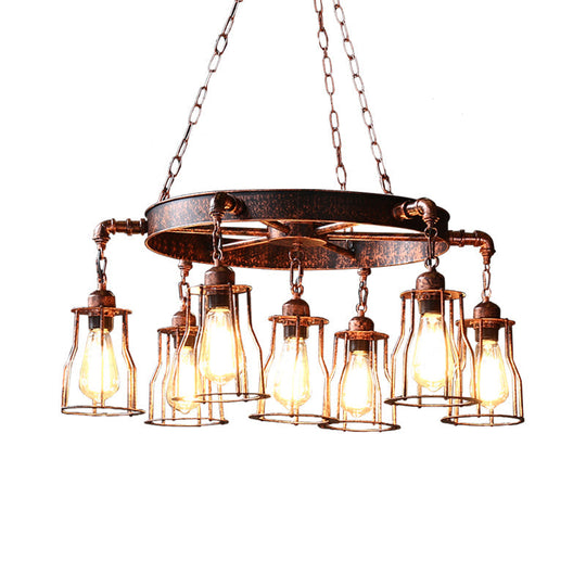 7-Light Dark Rust Pendant Chandelier With Wrought Iron Bell Cage And Wheel Design - Farmhouse