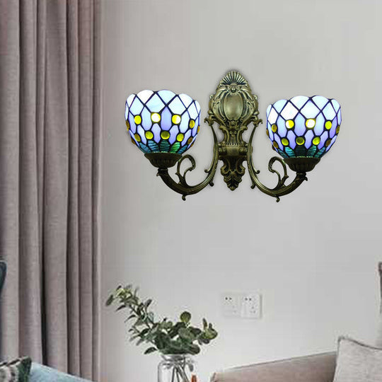 Blue/Beige Lattice Bowl Wall Sconce Tiffany Traditional Lamp For Bathroom Blue