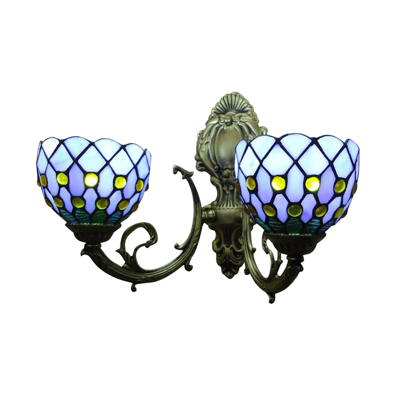 Blue/Beige Lattice Bowl Wall Sconce Tiffany Traditional Lamp For Bathroom