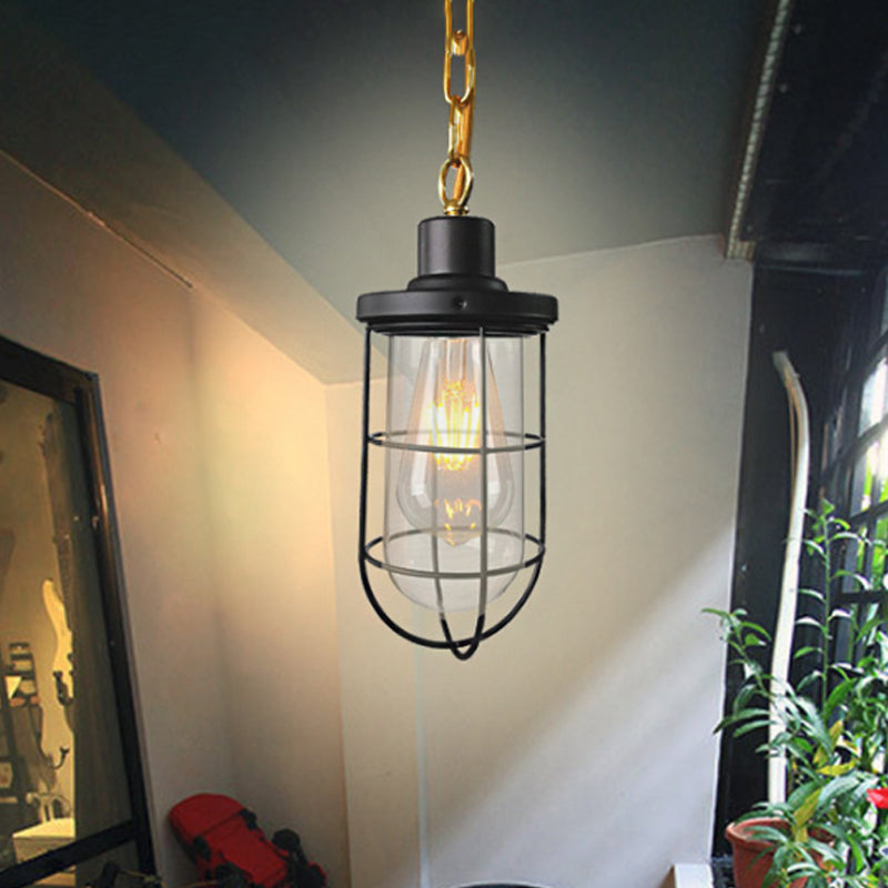 Coastal Black Caged Pendant Lamp With Clear Glass - Single-Bulb Hanging Light Fixture For Bedroom