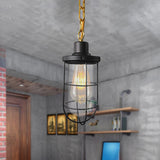 Coastal Black Caged Pendant Lamp With Clear Glass - Single-Bulb Hanging Light Fixture For Bedroom