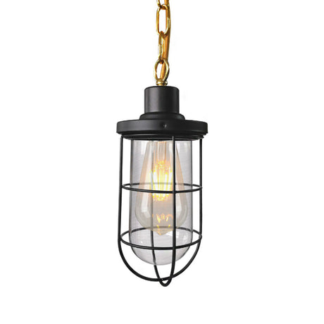 Coastal Black Caged Pendant Lamp With Clear Glass - Single-Bulb Hanging Light Fixture For Bedroom