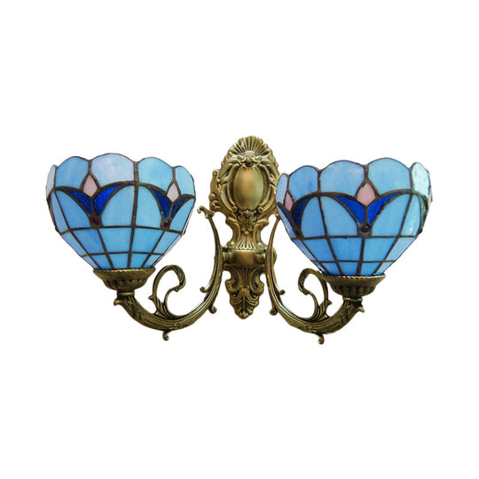 Blue/Clear Stained Glass Bowl Wall Sconce Traditional Tiffany Lighting For Study Room 2 Lights