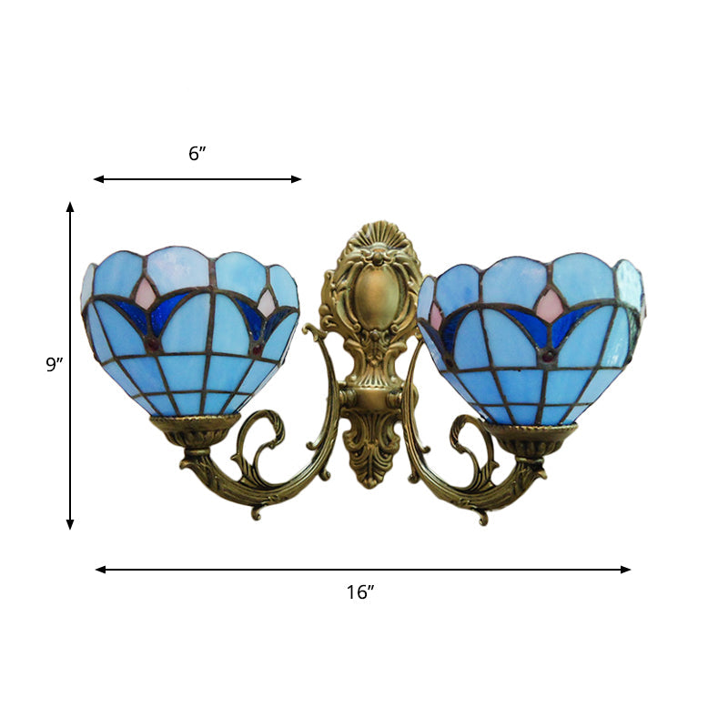 Blue/Clear Stained Glass Bowl Wall Sconce Traditional Tiffany Lighting For Study Room 2 Lights