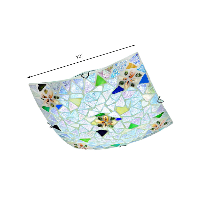 Tiffany Stained Glass Flush Light With Blue/White Convex Design - Perfect For Living Room