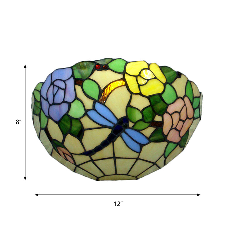 Tiffany Stained Glass Wall Sconce With Colorful Flower And Butterfly Design For Balcony Decor
