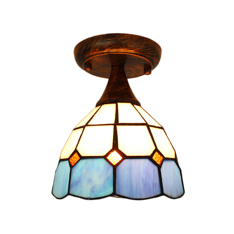 Blue Stained Glass Semi Flush Light: Mini Mediterranean Ceiling Fixture For Corridor
