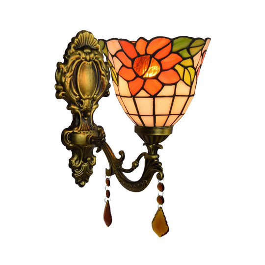 Stained Glass Bowl Wall Sconce With Tiffany Floral Design - Orange