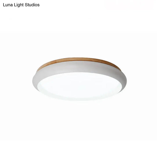 18/21.5 Dia Led Flush Mount Drum Lamp In Macaron Wood White/Pink/Green - White/Warm/Natural Light