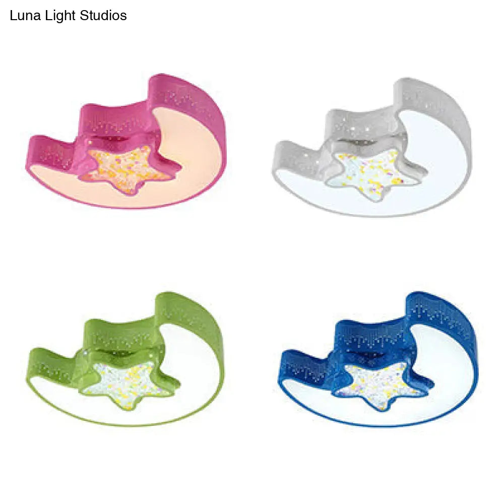 18/21.5 Star And Moon Macaron Led Flush Mount Lamp Metal Ceiling Light In White/Pink/Blue/Green