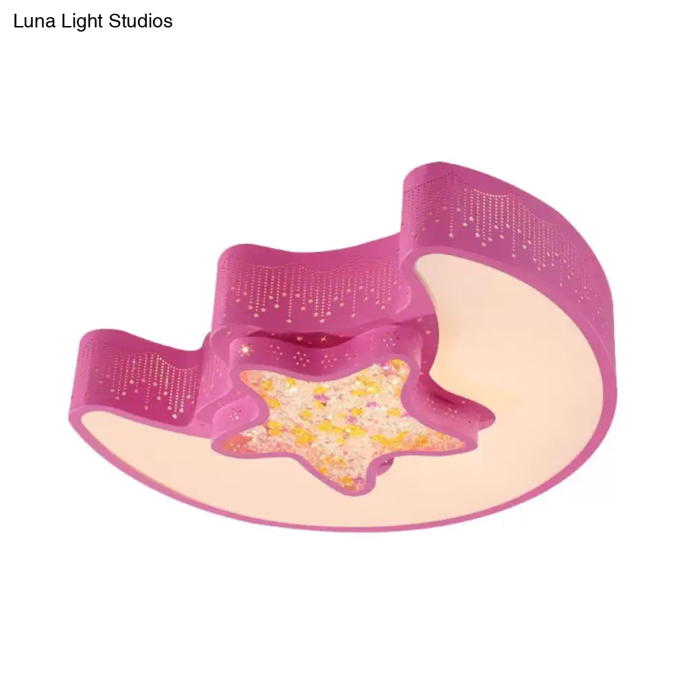 18/21.5 Star And Moon Macaron Led Flush Mount Lamp Metal Ceiling Light In White/Pink/Blue/Green