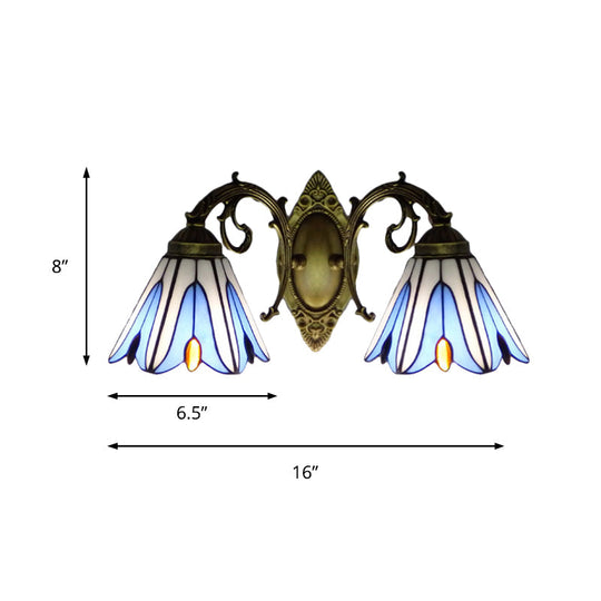 Blue Stained Glass Floral Sconce - 2-Light Wall Fixture For Corridor In Tiffany Style