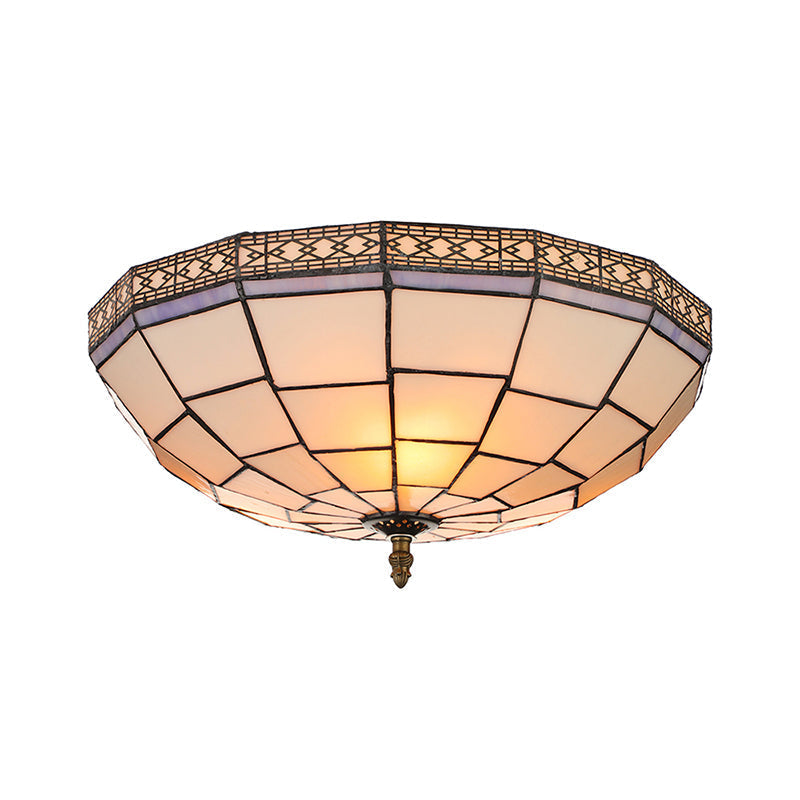 Bowl Flush Ceiling Light 8’/8.5’/10’ Stained Glass 3 Lights In Beige - Traditional Lighting