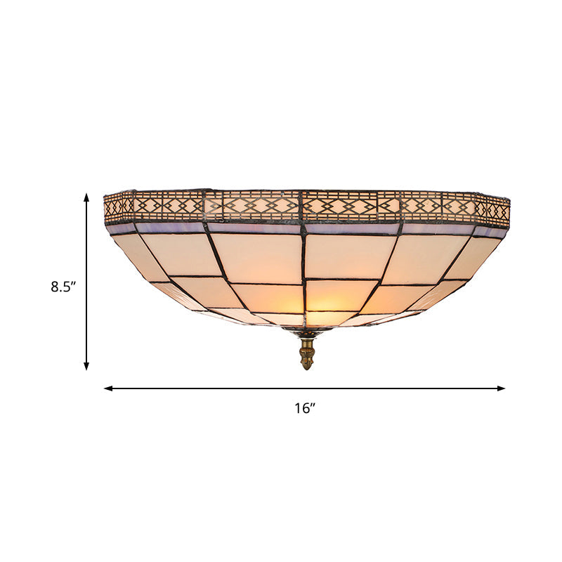 Bowl Flush Ceiling Light 8’/8.5’/10’ Stained Glass 3 Lights In Beige - Traditional Lighting
