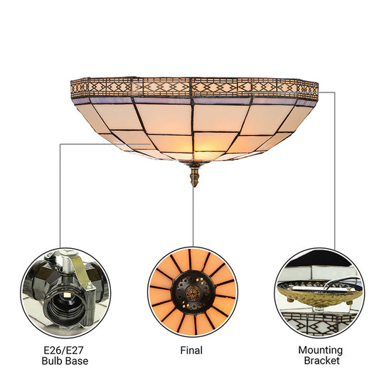 Bowl Flush Ceiling Light 8/8.5/10 Stained Glass 3 Lights In Beige - Traditional Lighting For Living