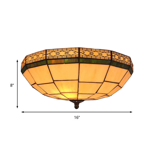 Bowl Flush Ceiling Light 8/8.5/10 Stained Glass 3 Lights In Beige - Traditional Lighting For Living